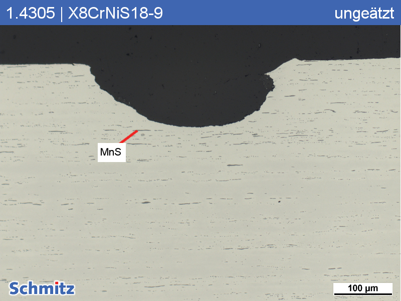 Lochfraß an 1.4305 | X8CrNiS18-9 | AISI 303 | S30300 nach 24h Einsatz in „abgestandenem Wasser“