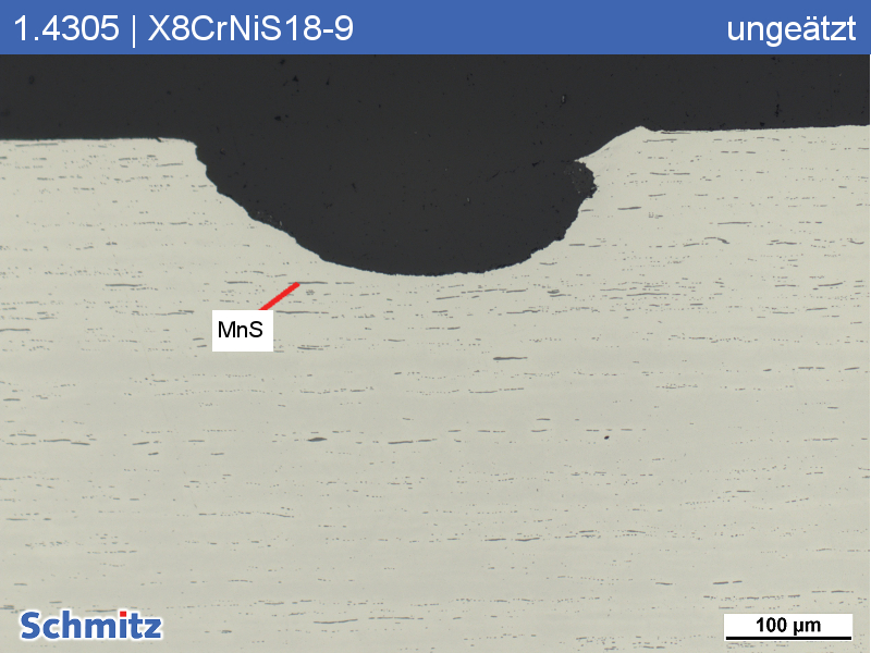 Pitting corrosion in 1.4305 | X8CrNiS18-9 | AISI 303 | S30300 after 24h use in “stale water”