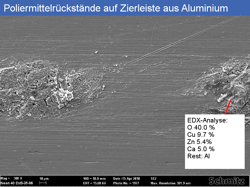 Polishing agent residues on a decorative strip made of an extruded aluminum profile - 02