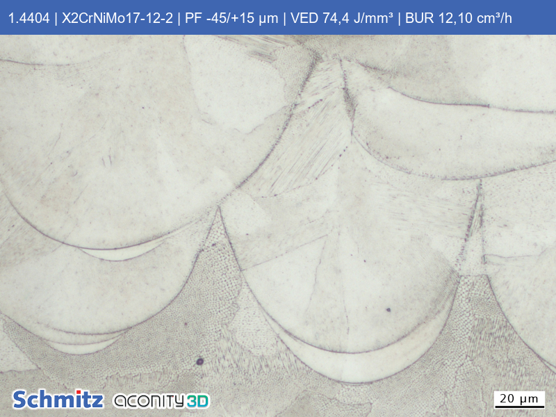 1.4404 | X5CrNoMo17-12-2 | PF -45/+15 µm | VED 74,4 J/mm³ | BUR 12,10 cm³/h - 06