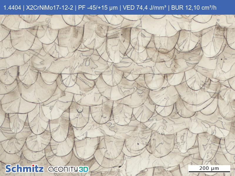 1.4404 | X5CrNoMo17-12-2 | PF -45/+15 µm | VED 74,4 J/mm³ | BUR 12,10 cm³/h - 10