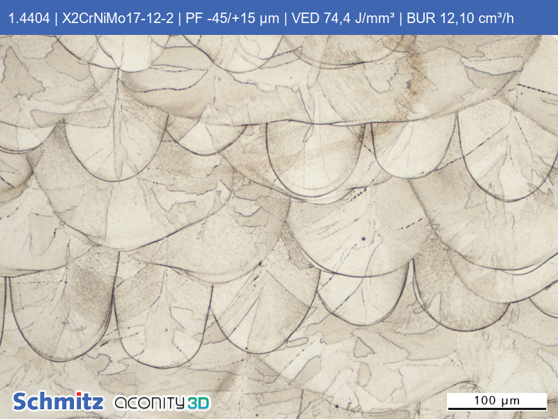 1.4404 | X5CrNoMo17-12-2 | PF -45/+15 µm | VED 74,4 J/mm³ | BUR 12,10 cm³/h - 11