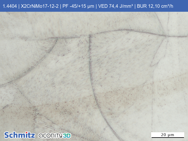 1.4404 | X5CrNoMo17-12-2 | PF -45/+15 µm | VED 74,4 J/mm³ | BUR 12,10 cm³/h - 13