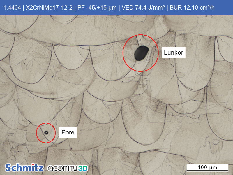 1.4404 | X5CrNoMo17-12-2 | PF -45/+15 µm | VED 74,4 J/mm³ | BUR 12,10 cm³/h - 14