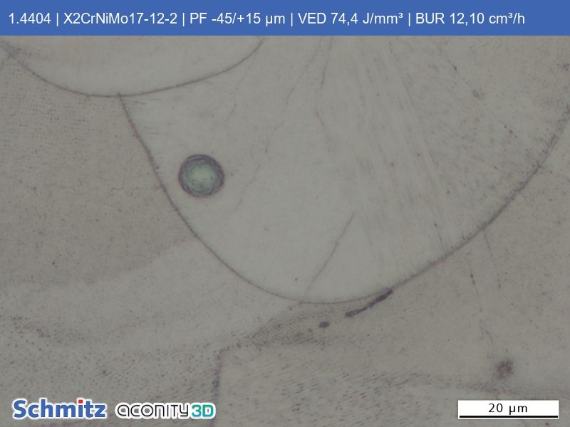 1.4404 | X2CrNiMo17-12-2 | PF -45/+15 µm | VED 74,4 J/mm³ | BUR 12,10 cm³/h - 15