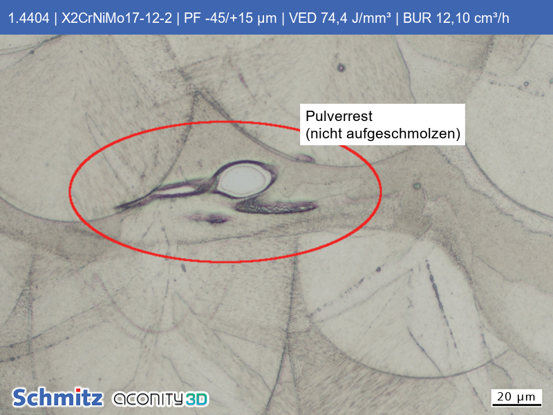 1.4404 | X2CrNiMo17-12-2 | PF -45/+15 µm | VED 74,4 J/mm³ | BUR 12,10 cm³/h - 16