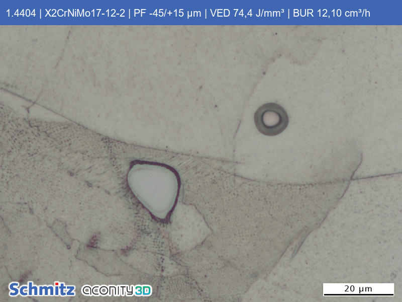 1.4404 | X2CrNiMo17-12-2 | PF -45/+15 µm | VED 74,4 J/mm³ | BUR 12,10 cm³/h - 17