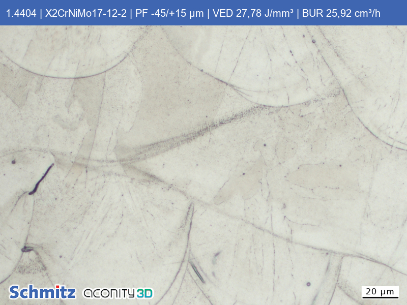 1.4404 | X2CrNiMo17-12-2 | PF -45/+15 µm | VED 27,78 J/mm³ | BUR 25,92 cm³/h - 13