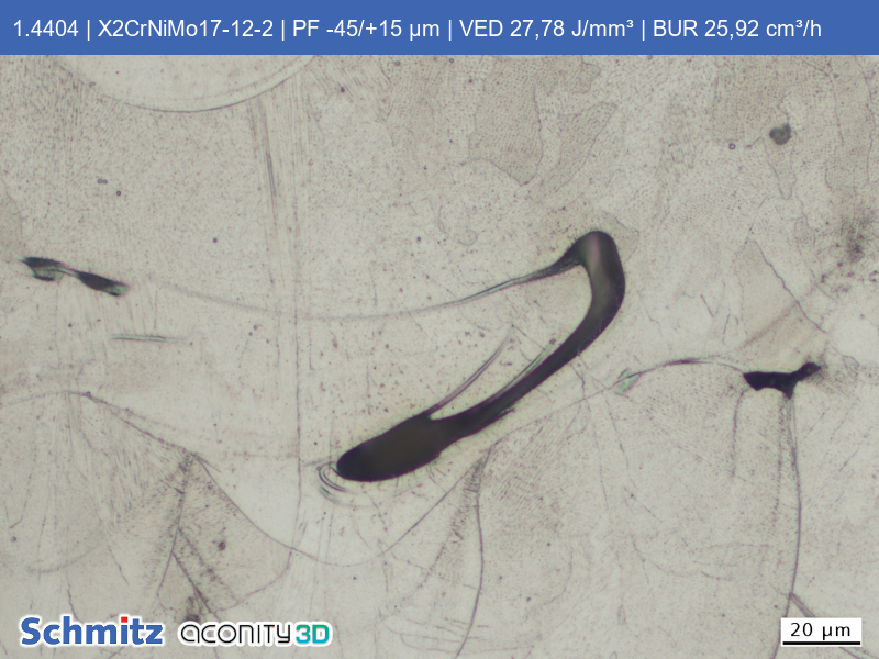 1.4404 | X2CrNiMo17-12-2 | PF -45/+15 µm | VED 27,78 J/mm³ | BUR 25,92 cm³/h - 15