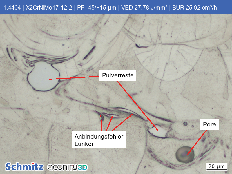 1.4404 | X5CrNoMo17-12-2 | PF -45/+15 µm | VED 27,78 J/mm³ | BUR 25,92 cm³/h - 17