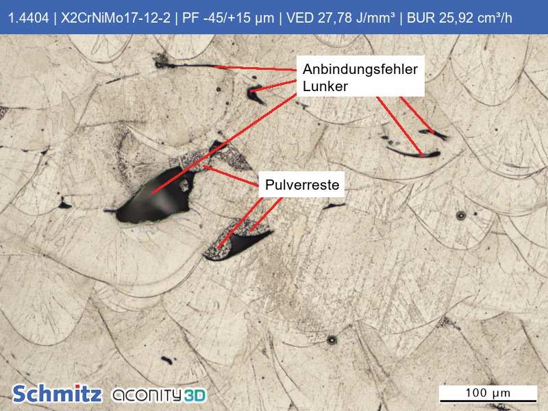 1.4404 | X5CrNoMo17-12-2 | PF -45/+15 µm | VED 27,78 J/mm³ | BUR 25,92 cm³/h - 19