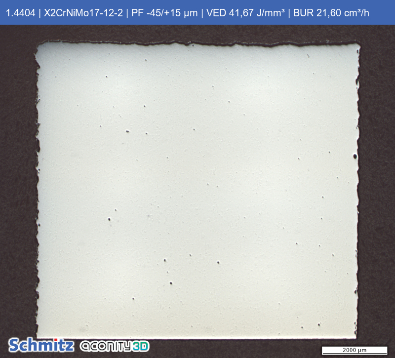 1.4404 | X2CrNiMo17-12-2 | PF -45/+15 µm | VED 41,67 J/mm³ | BUR 21,60 cm³/h - 01