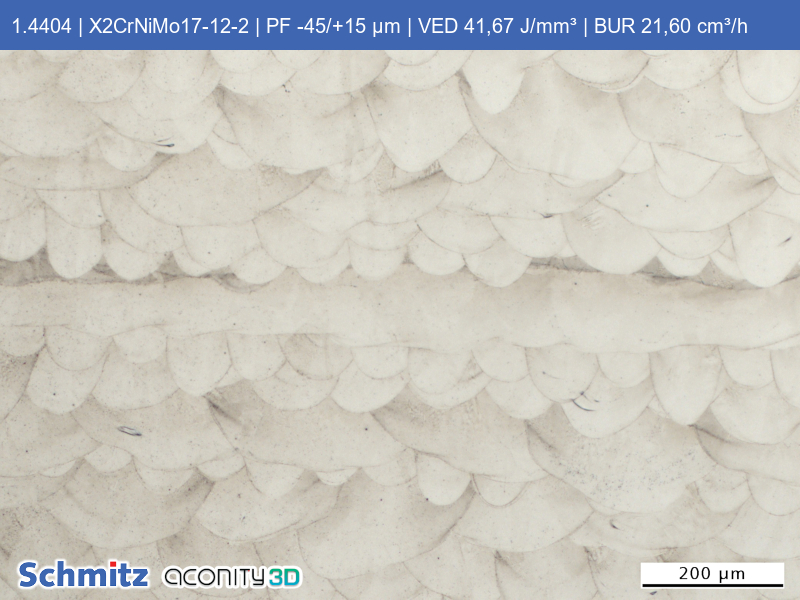 1.4404 | X2CrNiMo17-12-2 | PF -45/+15 µm | VED 41,67 J/mm³ | BUR 21,60 cm³/h - 04