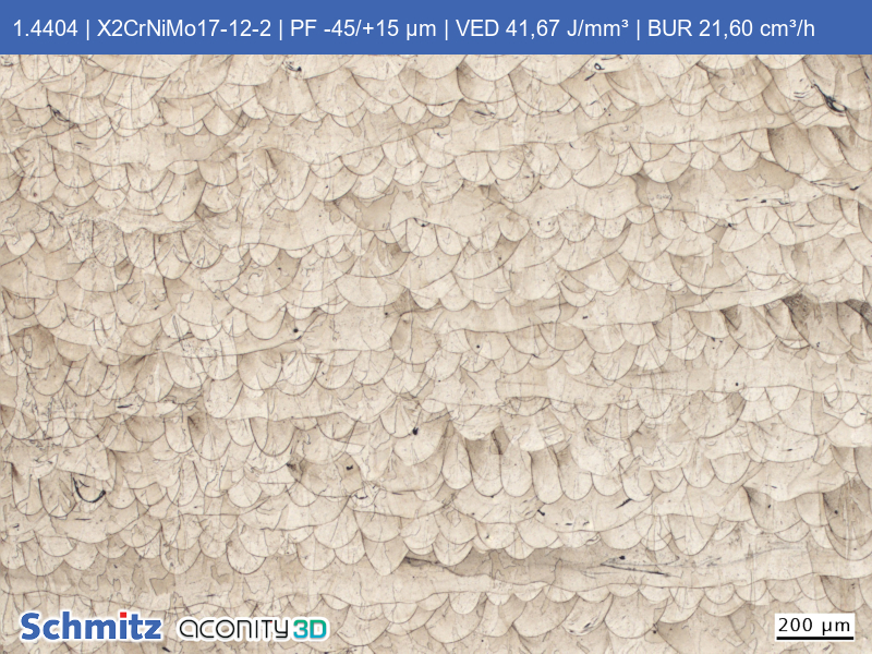 1.4404 | X2CrNiMo17-12-2 | PF -45/+15 µm | VED 41,67 J/mm³ | BUR 21,60 cm³/h - 09