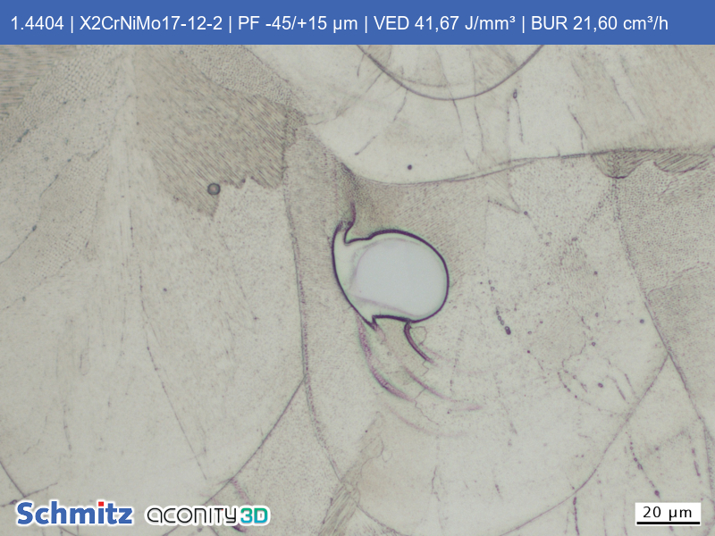 1.4404 | X2CrNiMo17-12-2 | PF -45/+15 µm | VED 41,67 J/mm³ | BUR 21,60 cm³/h - 16